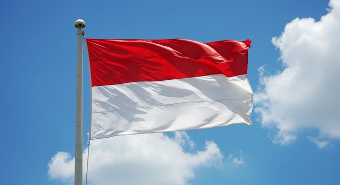 Indonesian national flag fluttering proudly against a vibrant blue sky backdrop