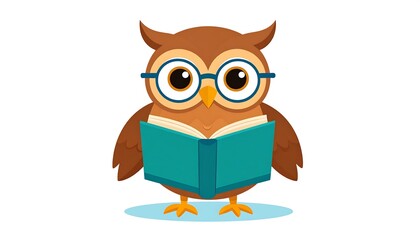 Cute cartoon owl character wearing glasses and reading a book in bright colors ideal for educational themes