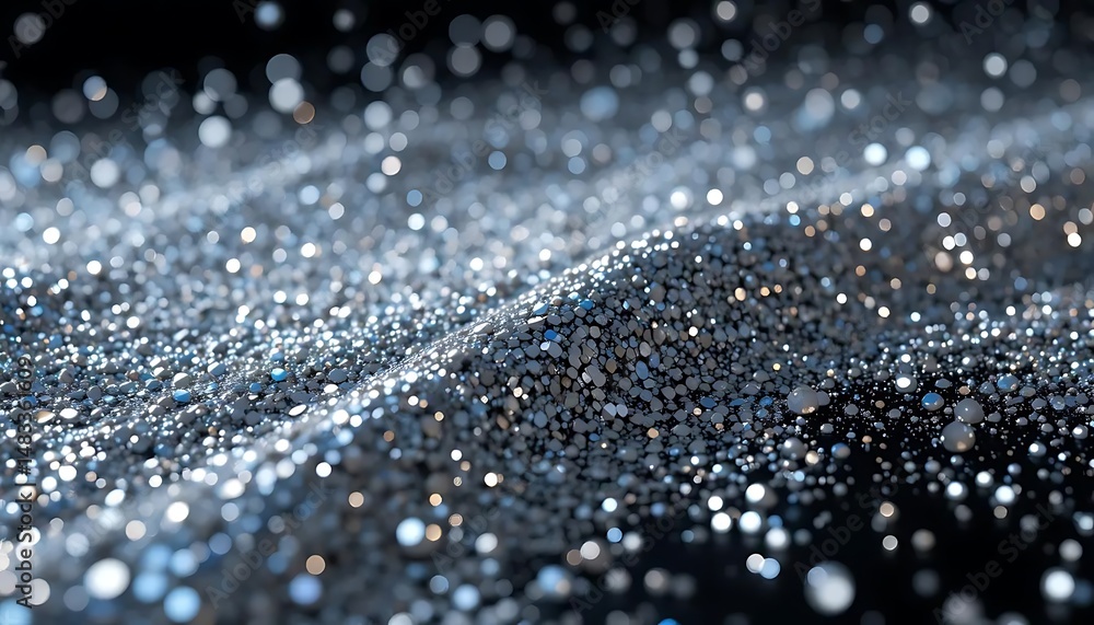 Poster abstract background of glittering silver spheres creating a wavy surface with bokeh effects