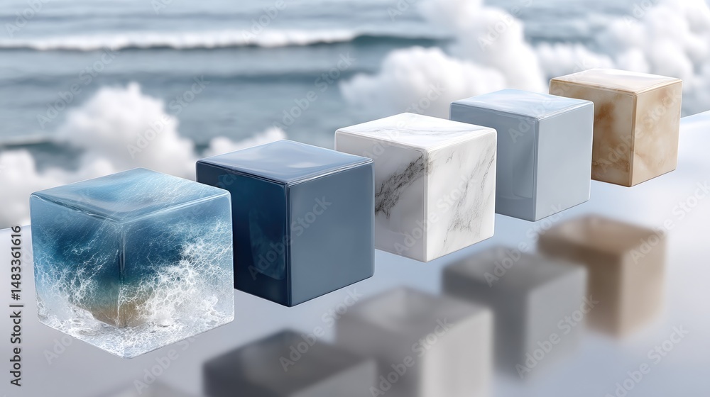 Poster three glass cubes float slowly in a gradient blue background, illuminated by a glowing green cube in