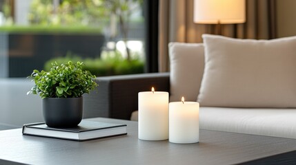Serene interior with candlelight plant and book decoration
