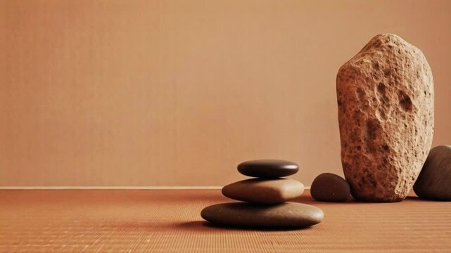 Serene 4K dolly-in shot of meditation mat and zen stones in a tranquil studio, featuring earthy muted tones, soft natural lighting, and professional photo-realistic aesthetics

