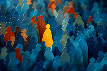 Abstract image of textured figures, predominantly blue, with a single yellow figure standing out, symbolizing individuality, diversity, or standing out from the crowd