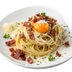 Spaghetti carbonara with crispy pancetta, egg and parmesan cheese on white