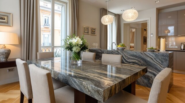 Stylish dining room showcases a black marble table, cream chairs, and soft lighting, creating a welcoming and refined atmosphere