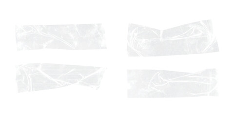 Wrinkled clear sticky tape set with torn edges and texture detail, perfect for enhancing scrapbooking layouts, branding visuals, digital presentations, and editable design resources