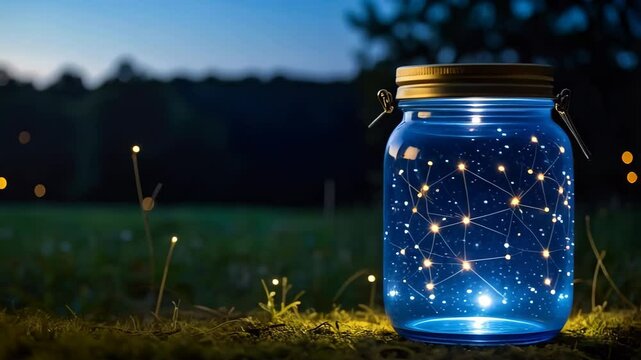 Illuminated Glass Jar with Constellation Design Outside at Night Magical starry night atmosphere