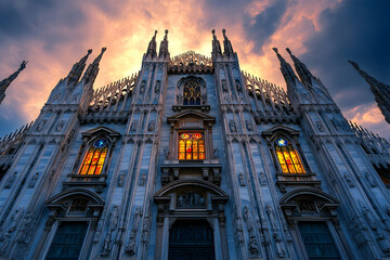 Fototapeta premium Sunset illuminates milan cathedral façade with stunning stained glass windows