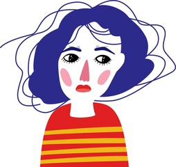 Stylized portrait of a serious girl with blue hair