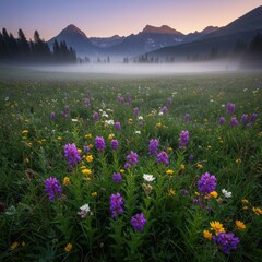 Obraz premium Vibrant Wildflower Meadow at Sunrise with Misty Mountains