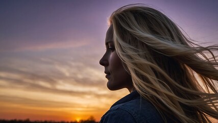 Fototapeta premium Silhouette of a blonde woman against a vibrant twilight sky, exuding serenity and contemplation.