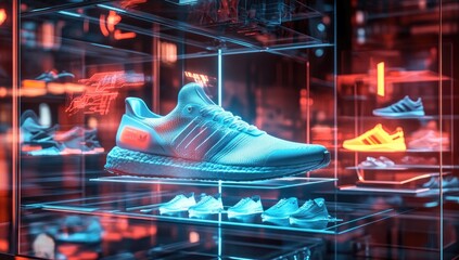 Futuristic sports shoe display.  Modern, vibrant, and illuminated display showcasing high-performance running shoes.  The glowing, transparent cases create a dynamic, energetic atmosphere