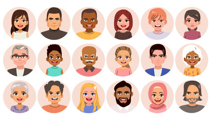 Fototapeta premium Cartoon avatar collection showcasing people of different ethnicities and ages. Inclusive set representing diverse characters