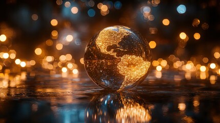 Luminous earth globe with gleaming bokeh lights on surface