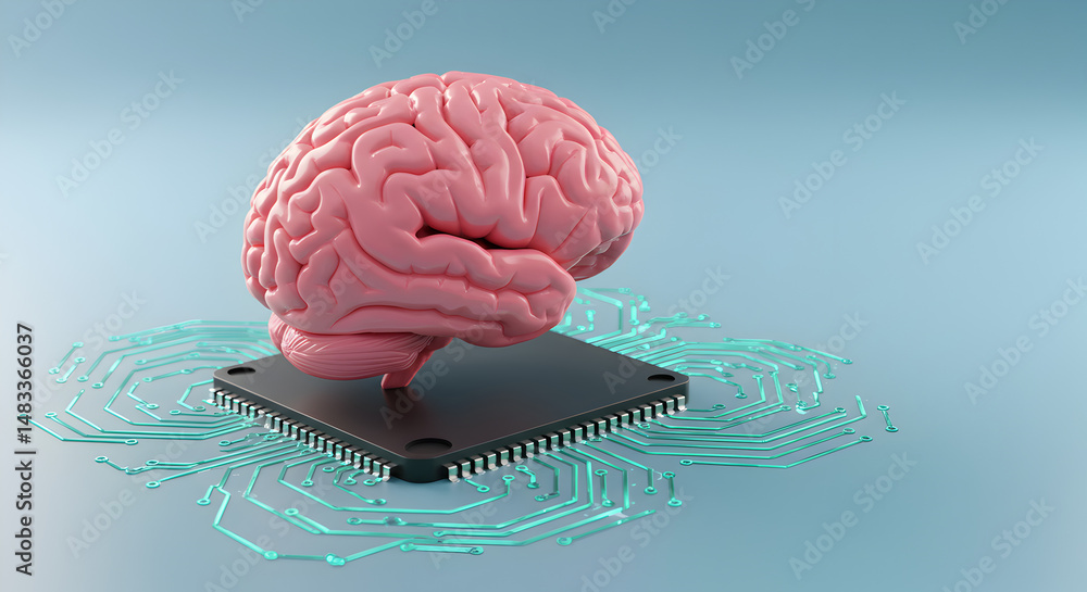 Aufkleber pink human brain on cpu microchip against soft blue background representing artificial intelligence