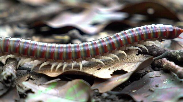 Centipede Crawling on Forest Floor &ndash; Hypnotic Leg Movement Through Fallen Leaves