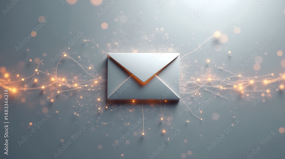 Poster digital envelope icon receiving or sending data streams depicted as glowing red light trails and bok