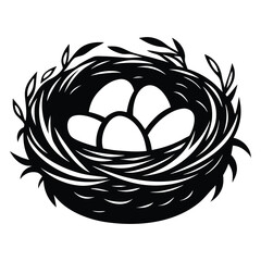 Nest with eggs silhouette isolated on a white background, Nesting season bird’s nest with eggs nature illustration