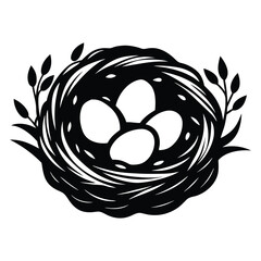 Nest with eggs silhouette isolated on a white background, Nesting season bird’s nest with eggs nature illustration