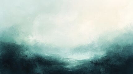 Obraz premium A misty, ethereal landscape painting in soft teal and light tones.