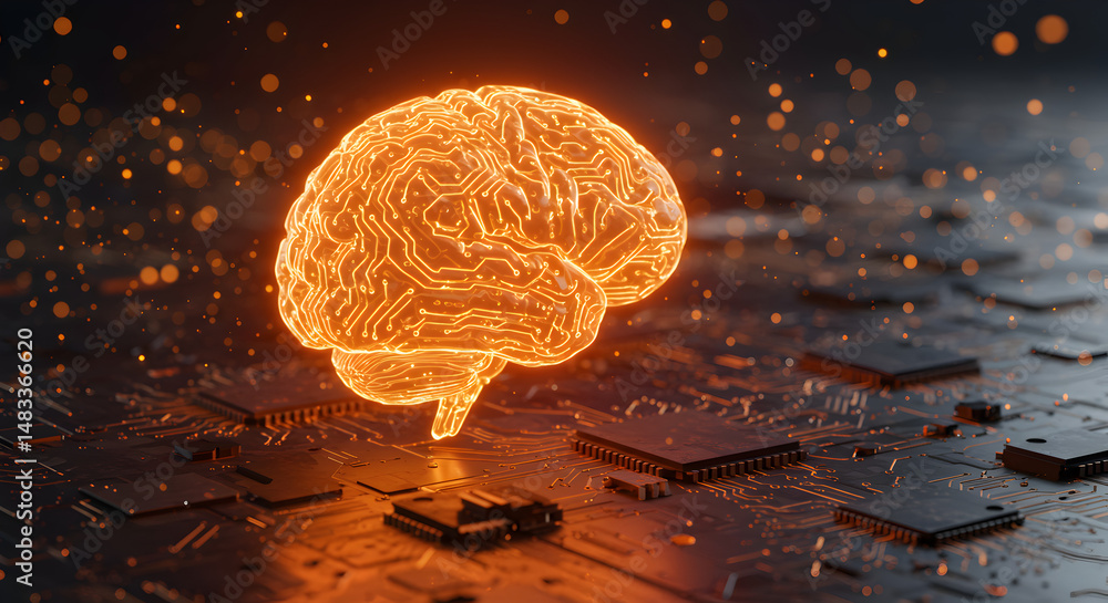 Poster radiant orange brain floating above computer chips represents artificial intelligence and advanced t