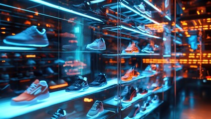 Modern shoe store with vibrant lighting and display shelves showcasing various athletic footwear