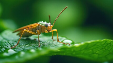 Fototapeta premium Macro Photography of a Vibrant Insect on a Dew-Kissed Leaf