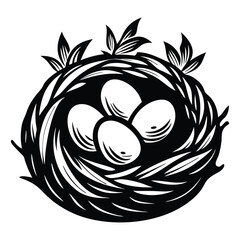 Nest with eggs silhouette isolated on a white background, Nesting season bird’s nest with eggs nature illustration