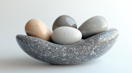 Smooth stones nestled in a sculpted gray bowl.