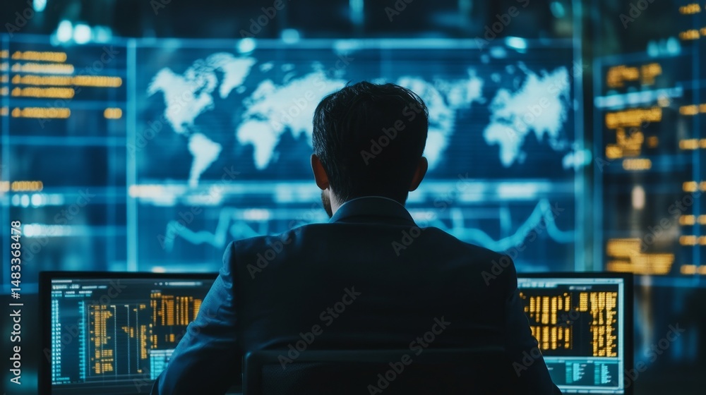 Poster data analysis event by a professional in a high-tech office environment with global insights