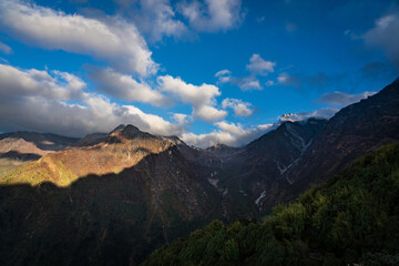 Early Morning Sunrise in the Himalayan Mountains with Cloud Shadows in Gosaikunda, Langtang, Nepal