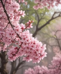 Soft pink sakura petals gently descend, blurred tree branches in background ,  japanese cherry,  beauty
