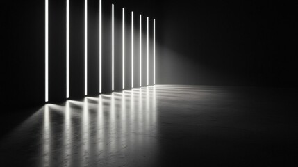 Naklejka premium Black and white photograph of a long, straight line of light that is shining down from the top left corner of the image.
