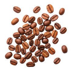 Scattered coffee beans top view isolated on white background