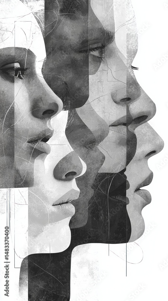 Poster this illustration captures the essence of abstraction through a collection of fragmented face profil