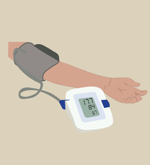 vektor Measuring blood pressure and healthcare concept. Human hand wearing tonometer examining checking blood pressure and heartbeat Health monitoring. 