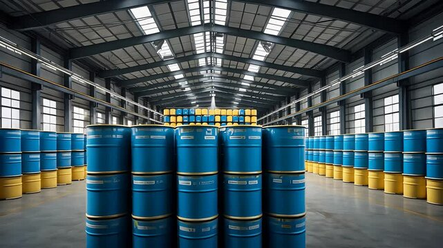 Industrial Warehouse with Blue Barrels Stacked Neatly for Storage and Logistics