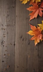 Crisp autumn maple leaves arranged on weathered wood planks ,  fall colors,  outdoor