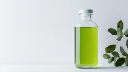 Glass bottle with a white cap. the bottle is filled with a bright green liquid. on the right side of the image, there is a small plant with green leaves. the background is a plain white wall.