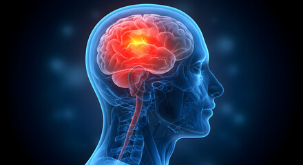 Translucent Blue Head Profile with Red Brain Highlighting Pain on Dark Background