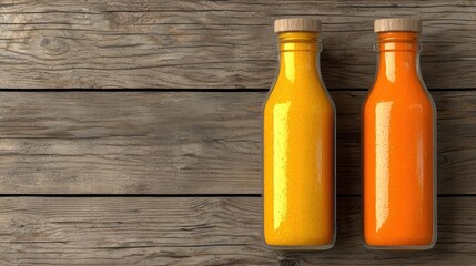 Two glass bottles with cork stoppers on a wooden surface. the bottles are filled with a bright orange liquid, which appears to be a smoothie or juice.