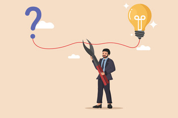Breaking Down Problems for Innovative Solutions. Illustration of a Man with Giant Scissors About to Cut a Red Line Linking a Question Mark to an Illuminated Light Bulb.