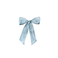 Watercolor illustrated design elements light blue bow, ribbon watercolor element isolated on white background, bow hand drawn in simple technique
