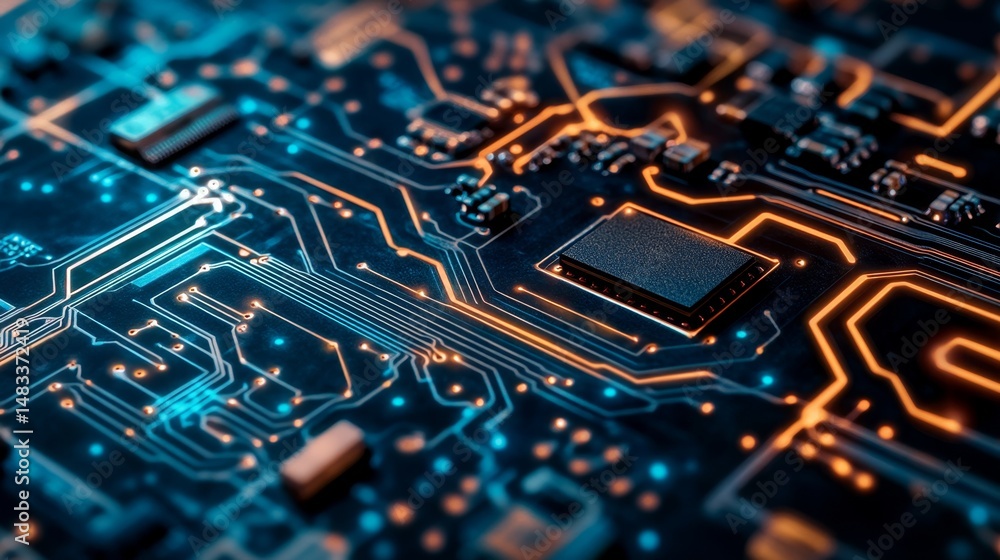 Poster analyzing electrical circuit board schematics tech environment digital layout close-up view electric