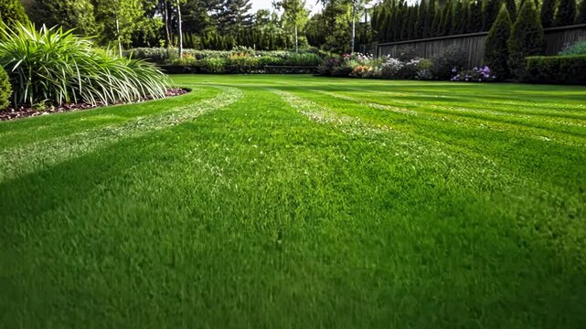 freshly mowed green lawn in landscaped formal garden during a sunny day landscape design