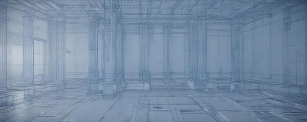 Blueprint overlayed with faded blue photo effect, architectural lines visible ,  section,  blue
