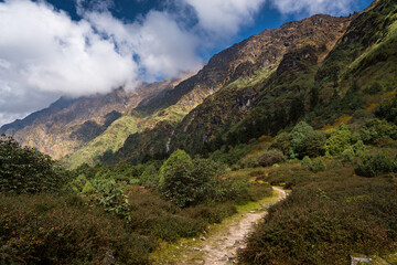 Fototapeta premium Trekking Trail in High Himalayas for Hiking. Route to Upper Mountains in Manikot