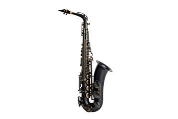 PNG Elegant black saxophone on black background showcasing musical instrument details