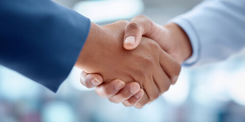 Obraz premium Close-up of two hands shaking, showcasing a business agreement or partnership, symbolizing trust, collaboration, and success in a professional setting