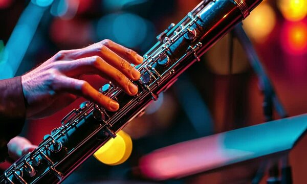 Bassoonist performing a live solo in the concert hall with dramatic stage lighting